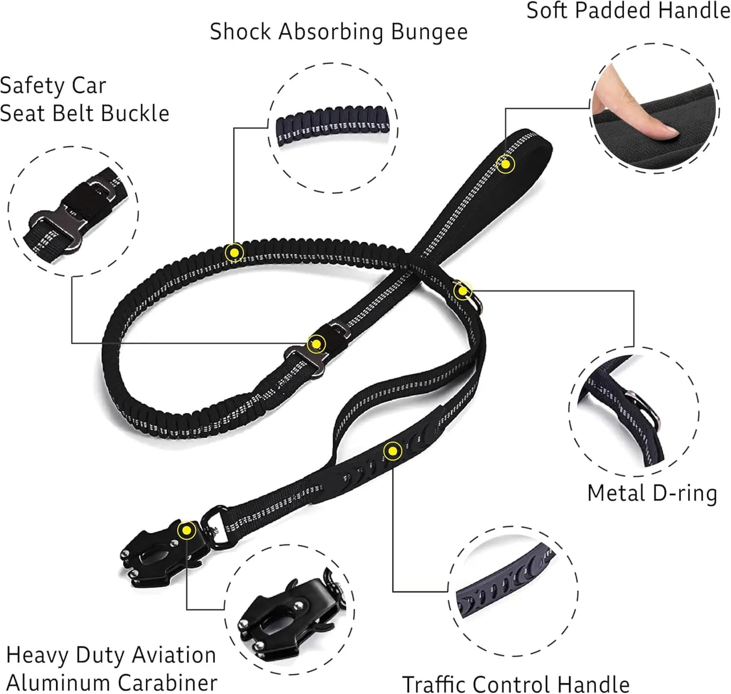 Reflective Shock Absorbing Pet Leash With Car Seatbelt For Dogs