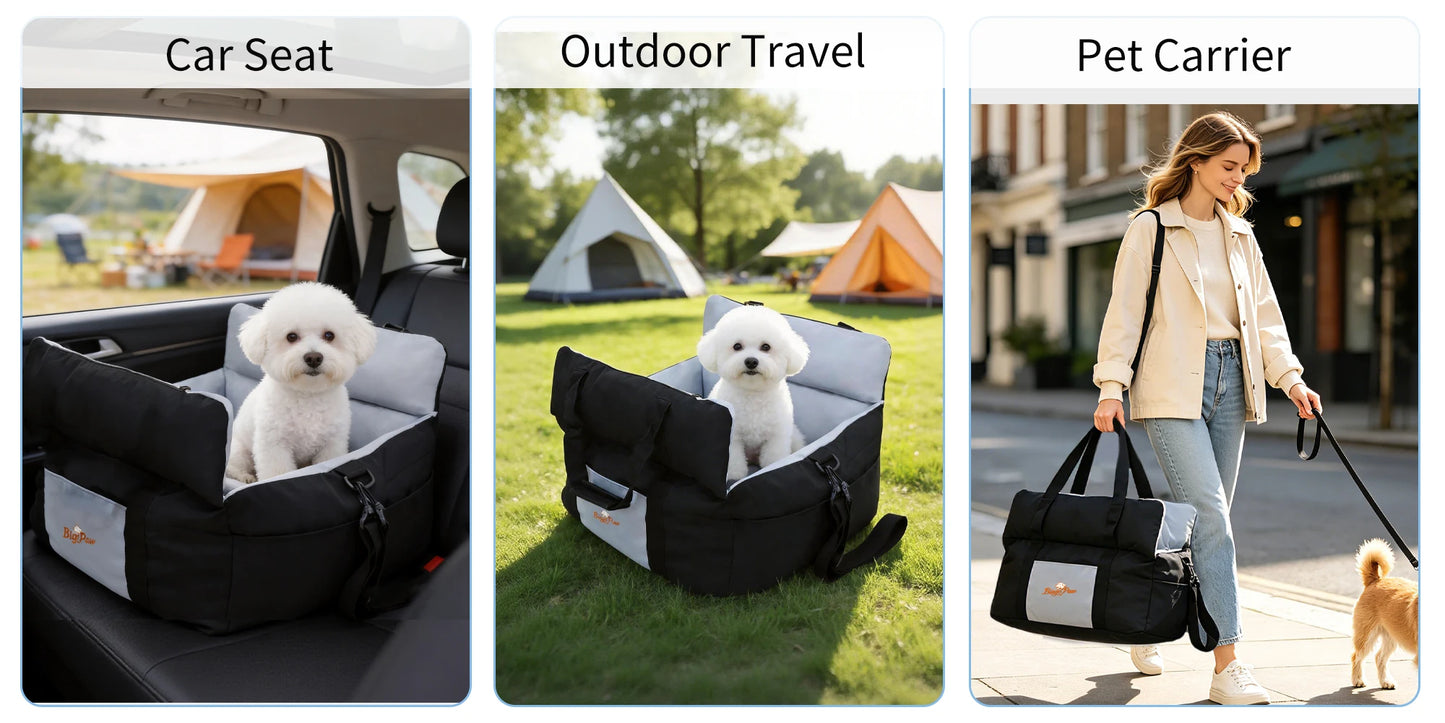Portable Dog Car Seat Pet Dog Booster Seat Puppy Travel Carrier Bed with Safety Belt Storage Pocket Removable Washable Cover