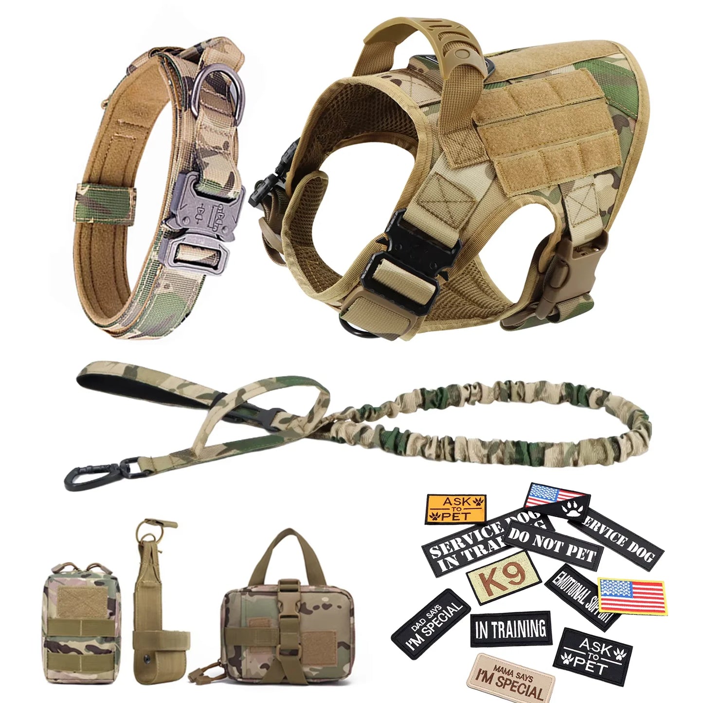 Military Tactical Malinois Harness Vest Set With Leash Patches - Paws and Pro's Outfitters