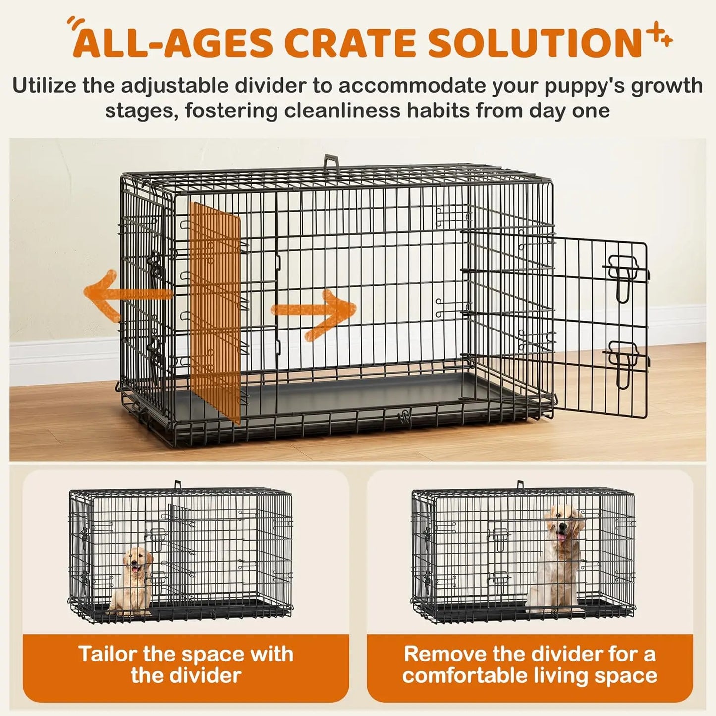 Double Door Dog Crate With Divider Collapsible Metal Kennel
