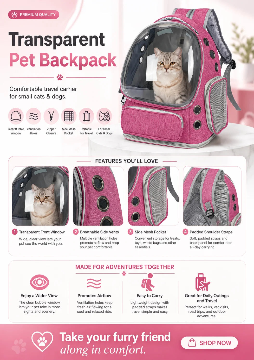 XMSJ Ventilated Pet Backpack Carrier For Cats And Dogs