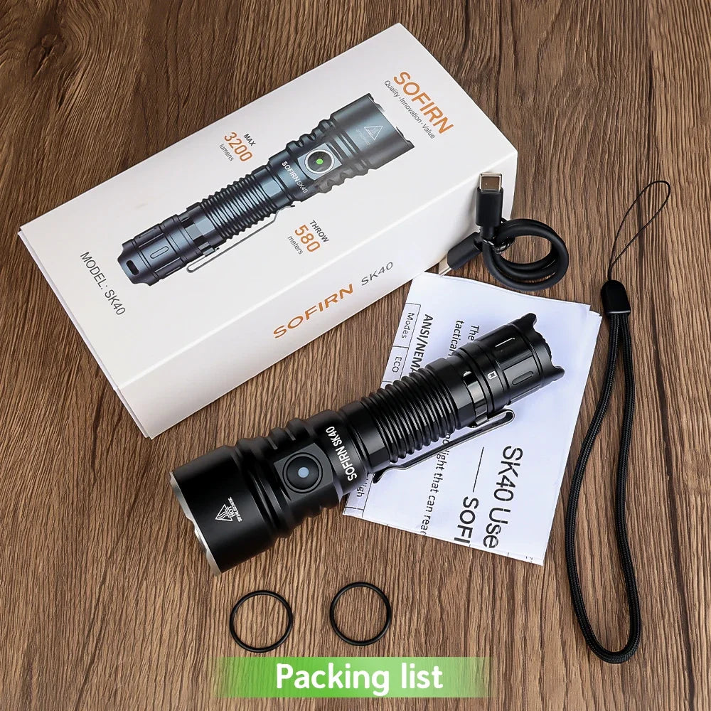 Sofirn SK40 SFT70 LED Flashlight 3200LM 580m Long-Range Spotlight Rechargeable