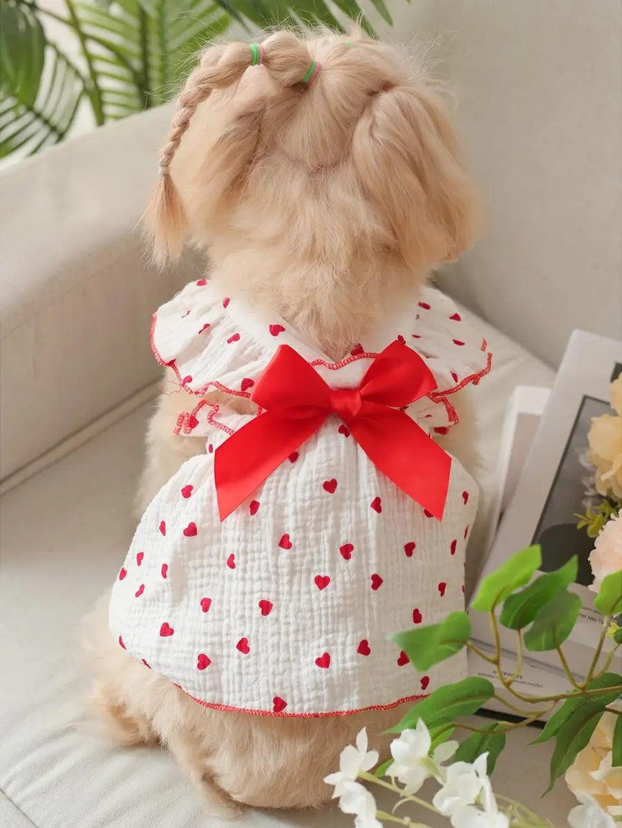 Valentines Day Heart Print Bow Decor Pet Dress For Dog