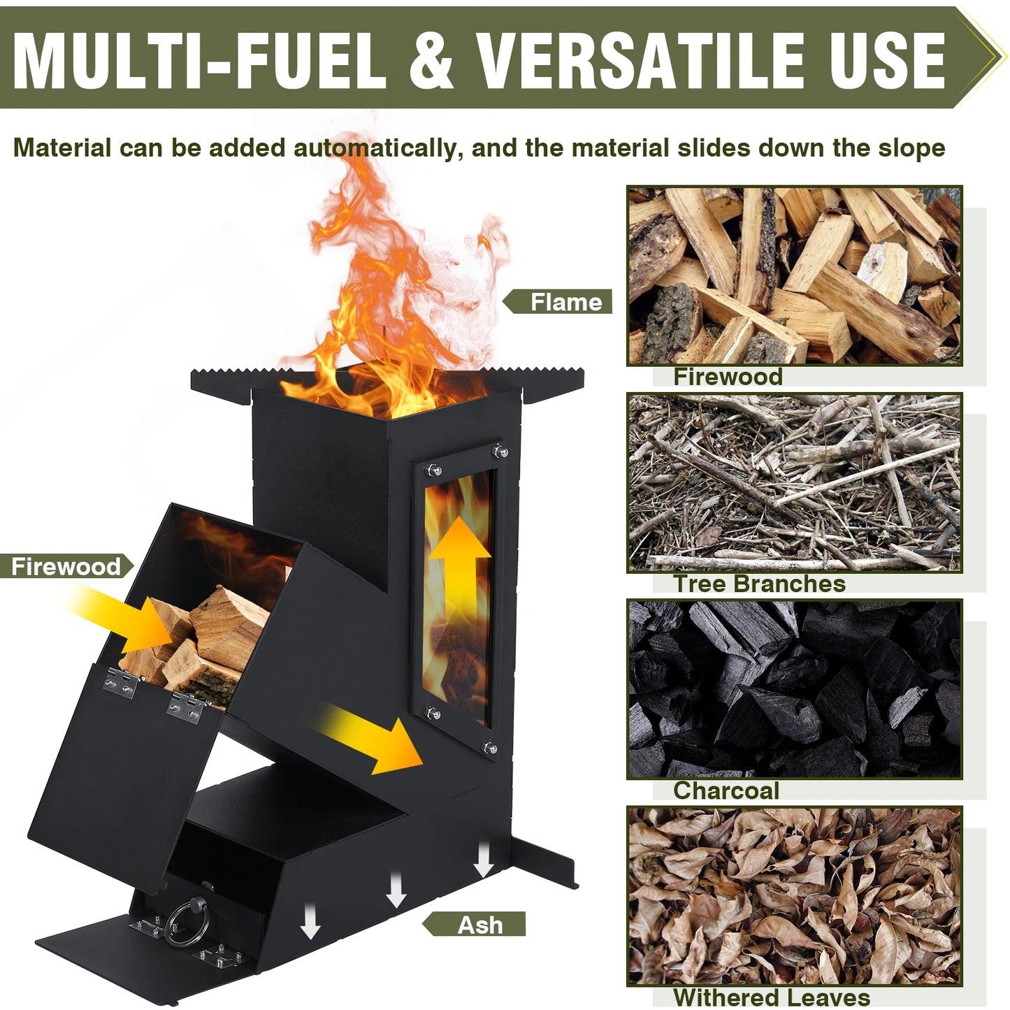 Portable Rocket Stove Glass Door Wood Burning Camp Grill