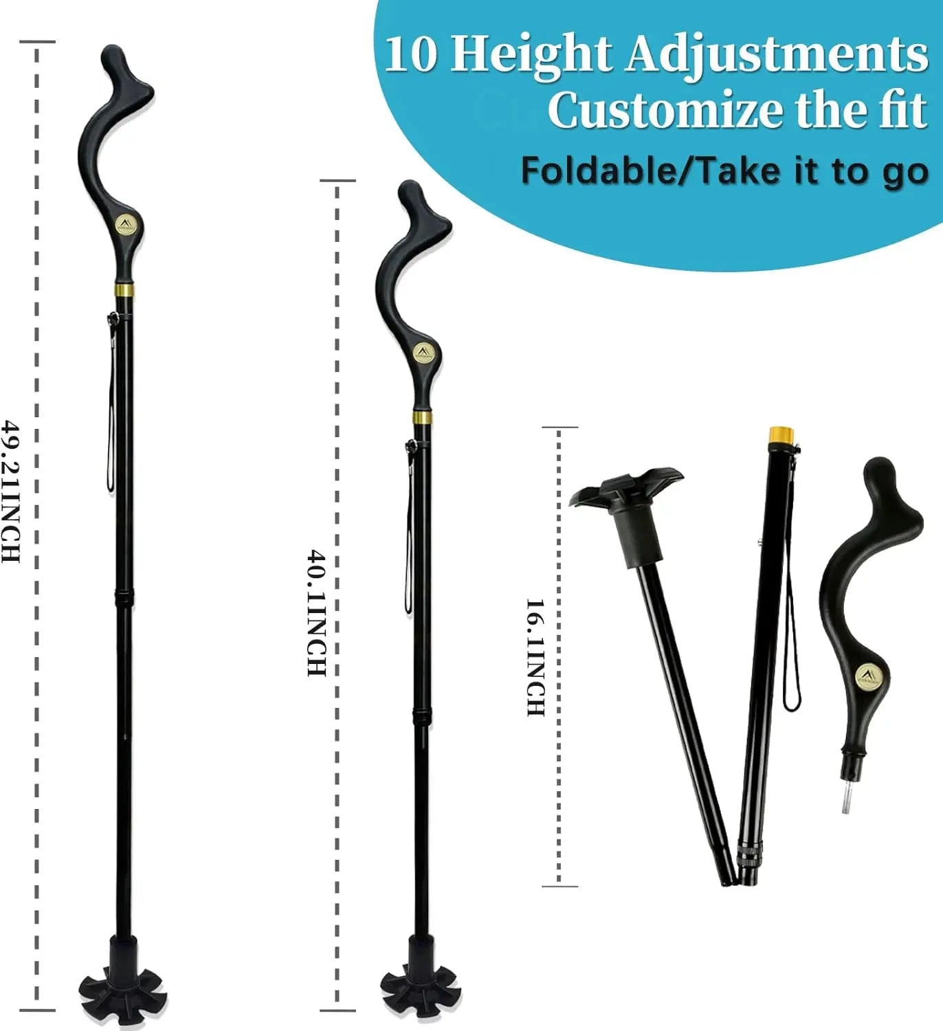 Foldable Walking Cane For Seniors, Height Adjustable, Aluminum, Anti Slip