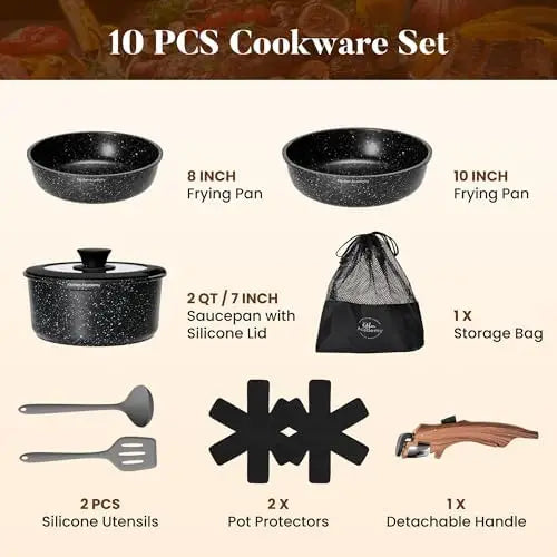 YTYIN 10-Piece Removable Handle Induction Cookware Set Nonstick For RV Camp