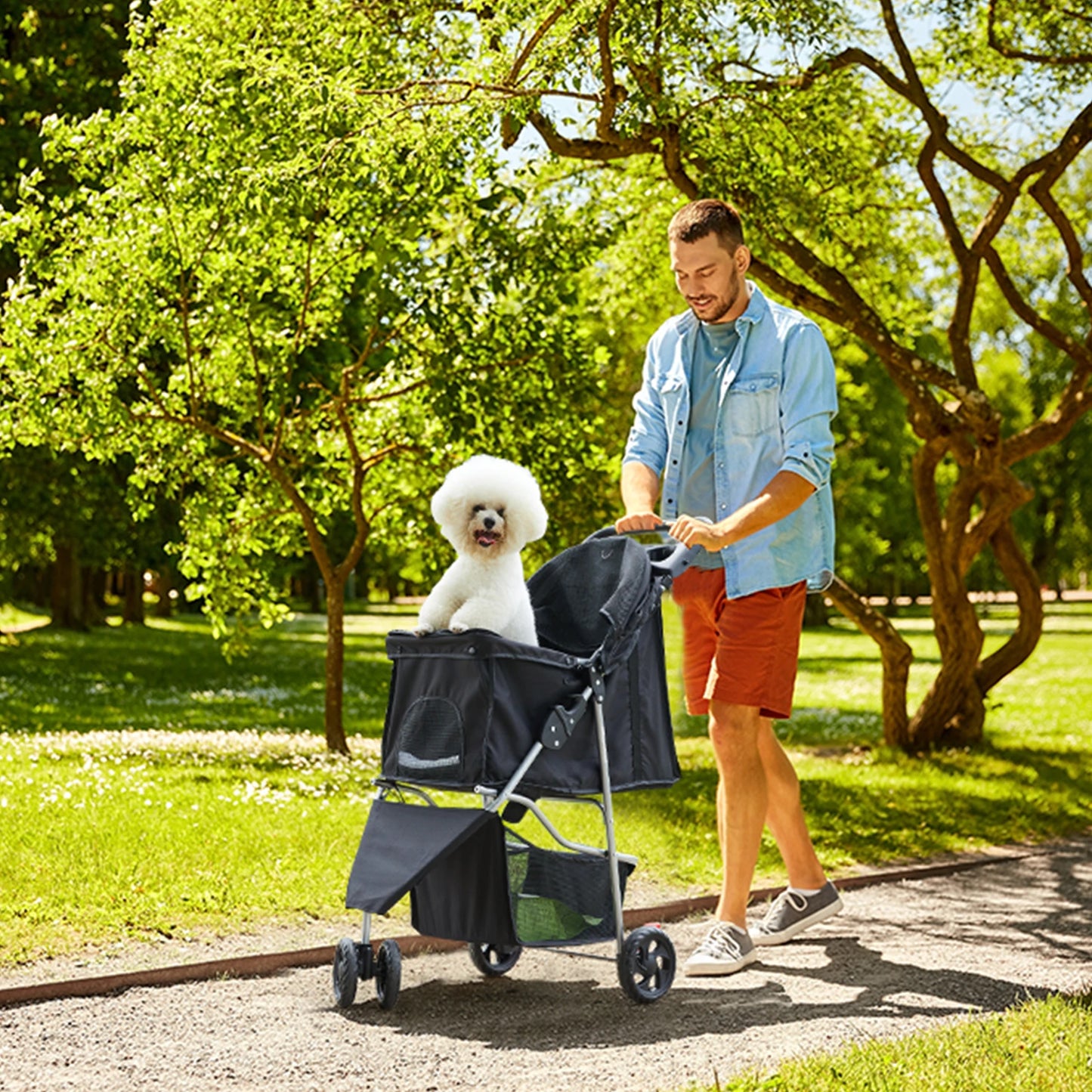 JHK 3-Wheel Foldable Pet Stroller With Mesh Windows