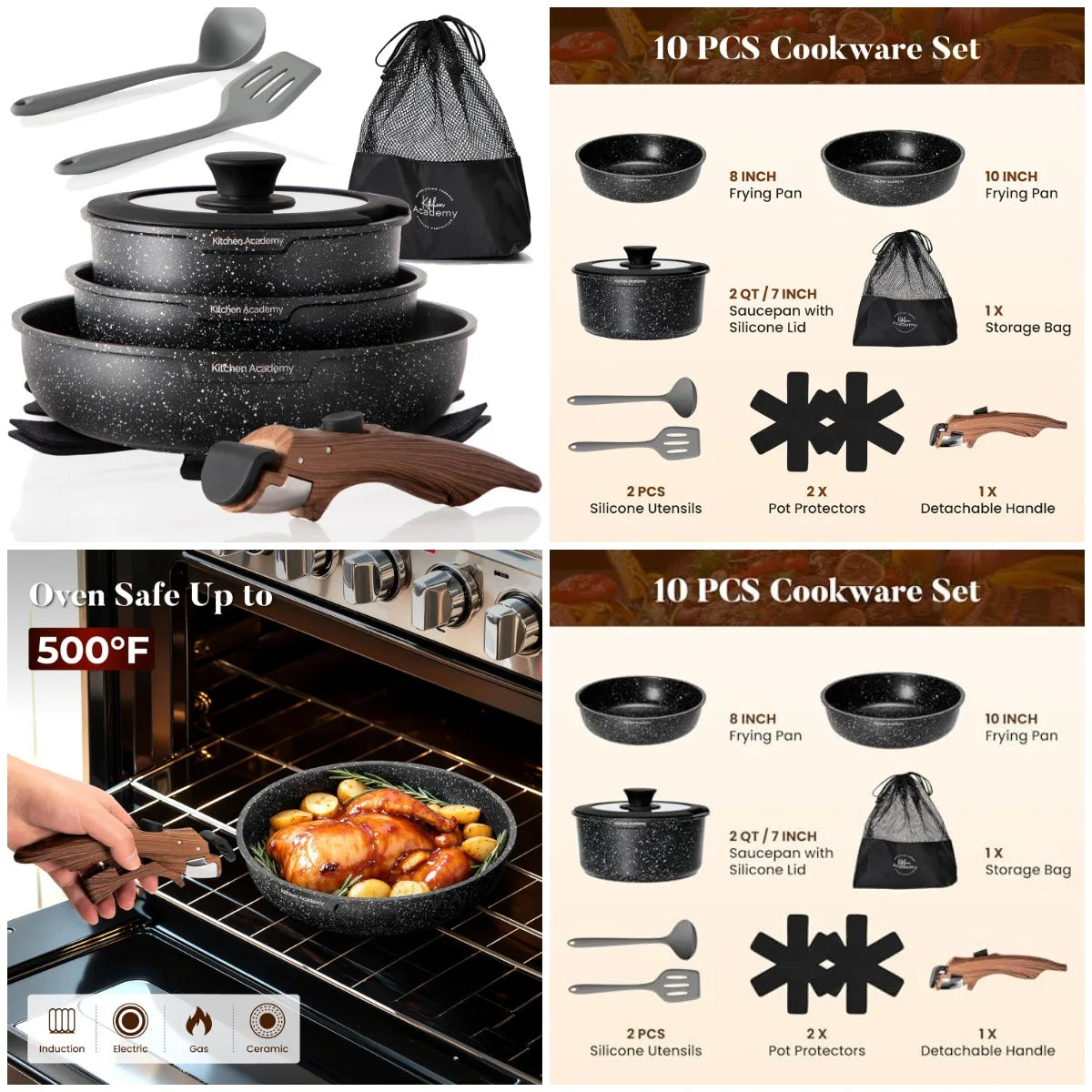 YTYIN 10-Piece Removable Handle Induction Cookware Set Nonstick For RV Camp