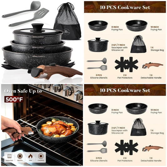 YTYIN 10-Piece Removable Handle Induction Cookware Set Nonstick For RV Camp