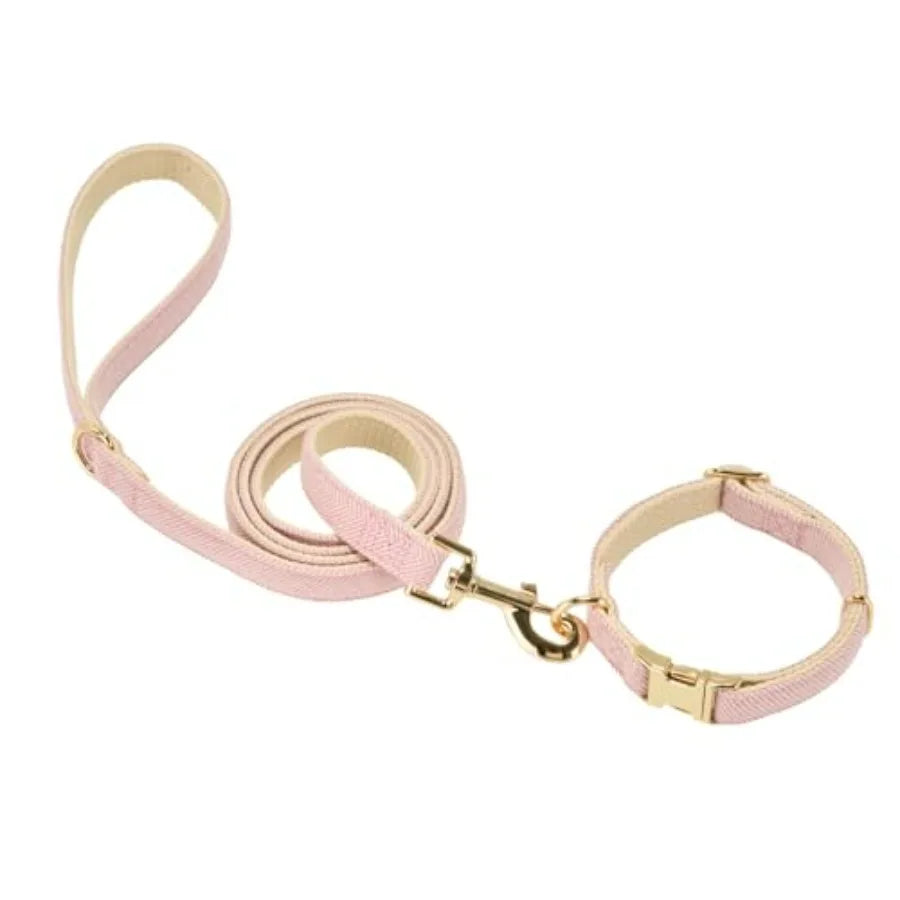 Soft Cotton Tweed Dog Collar And Leash Set Gold Buckle