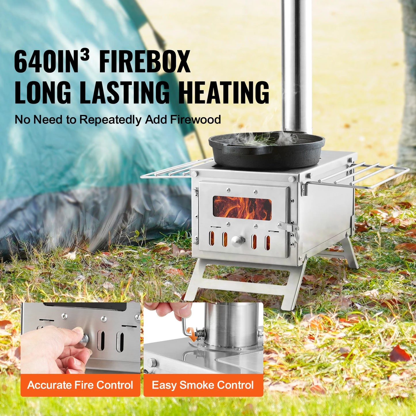 SucceBuy Wood Stove 80 in Stainless Steel Camping Tent Stove Portable Burning Stove with Chimney Pipes & Gloves 700in³Firebox