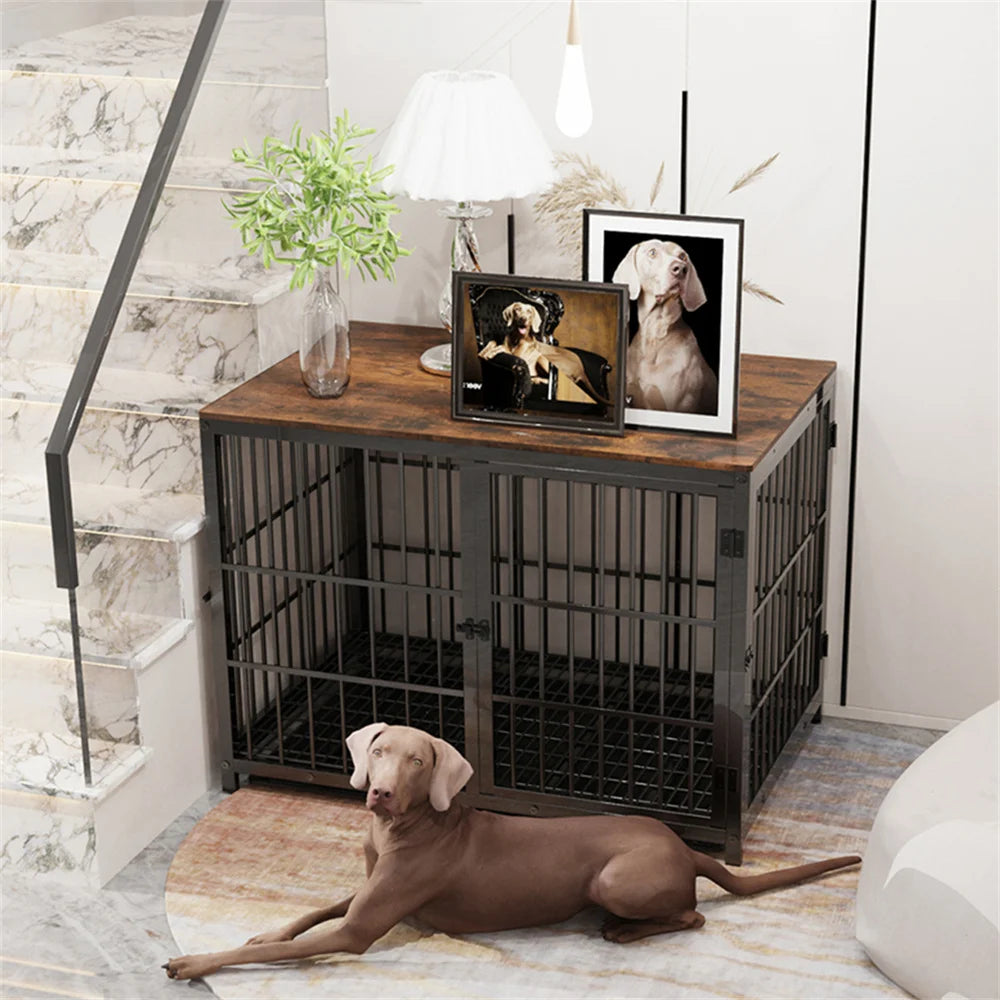 BORWART Wooden Dog Crate Indoor Elevated Kennel End Table With 3 Doors