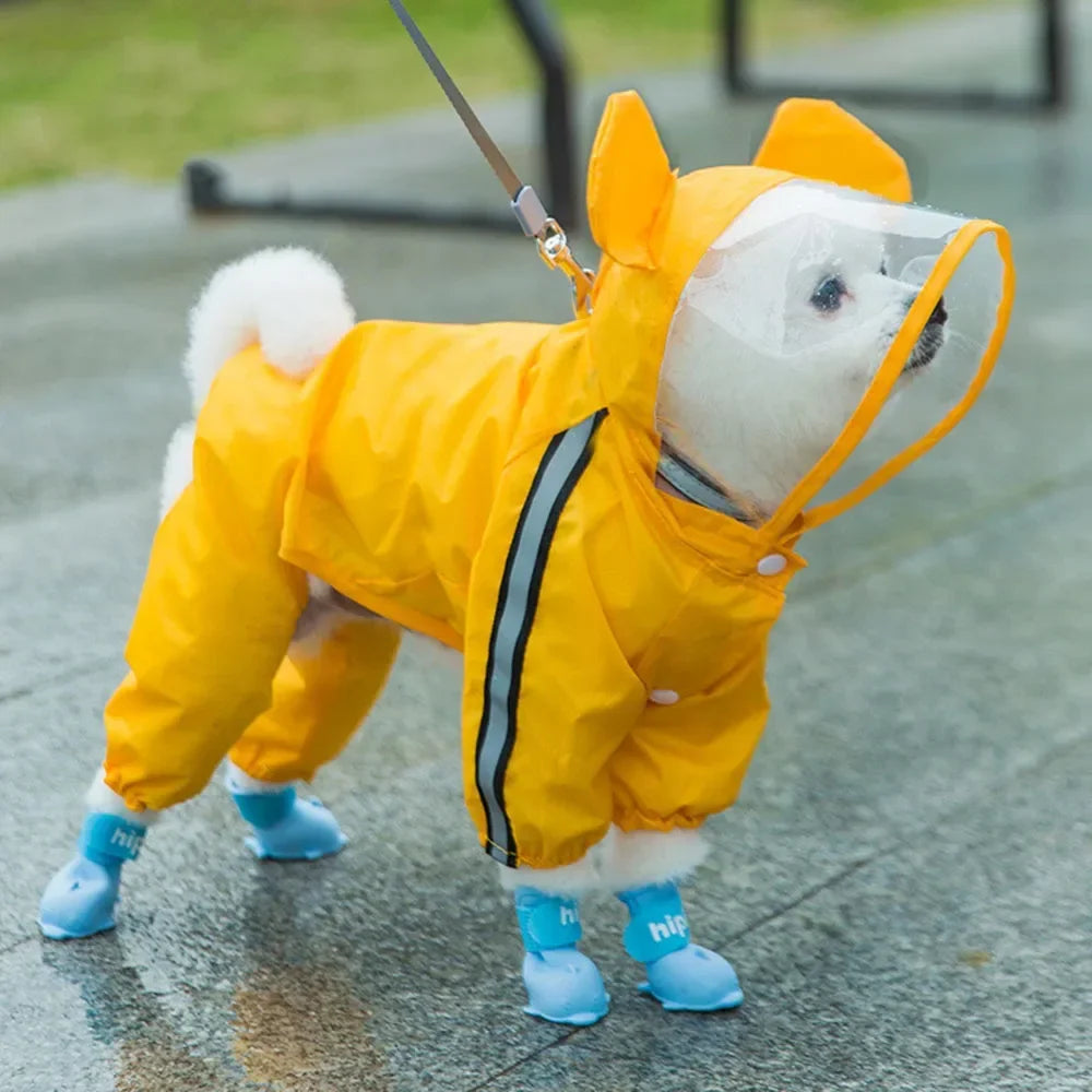 Cute Bear Shape Dog Raincoat With Hat And Reflective Strips