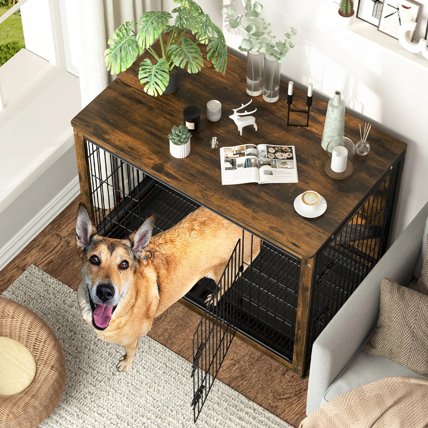 BINGOPAW Wooden Metal Dog Crate End Table With Two Doors