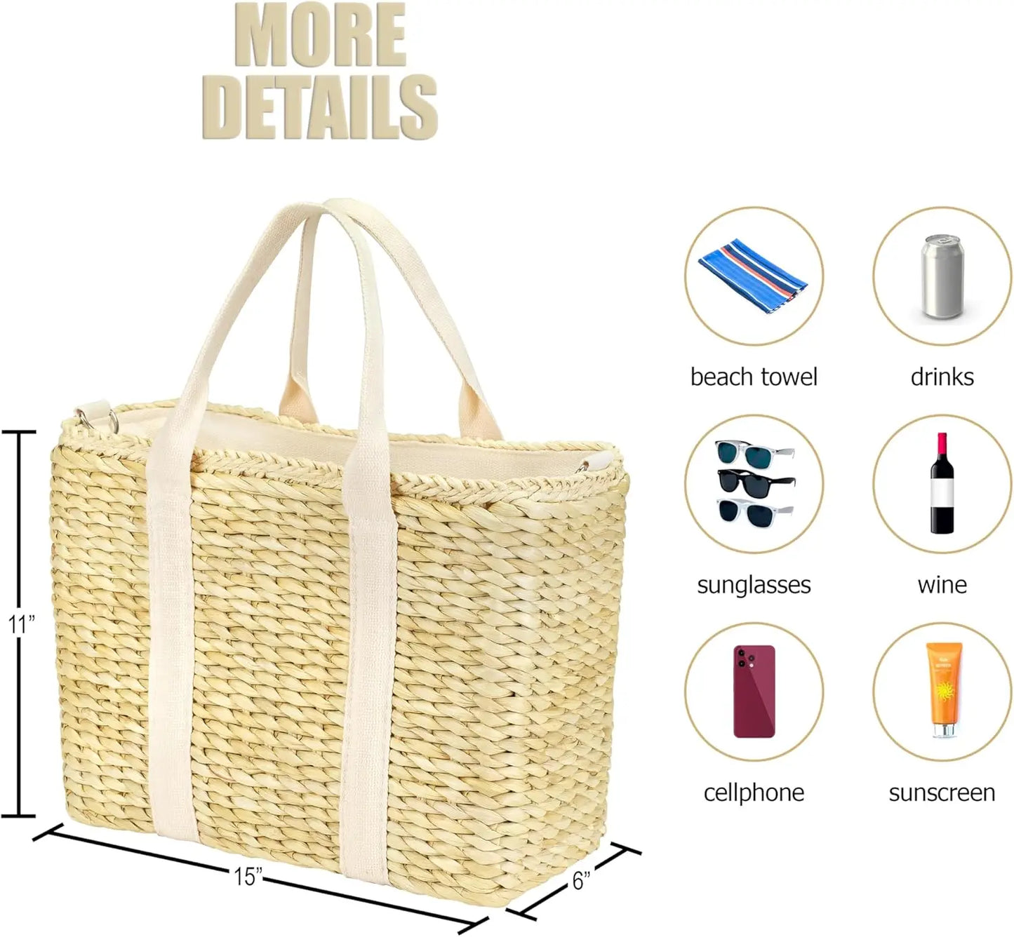 Insulated Beach Cooler Bag, Leak Proof, Premium Quality Corn Husk, Beach Bag, Pool Bag, Tote Bag