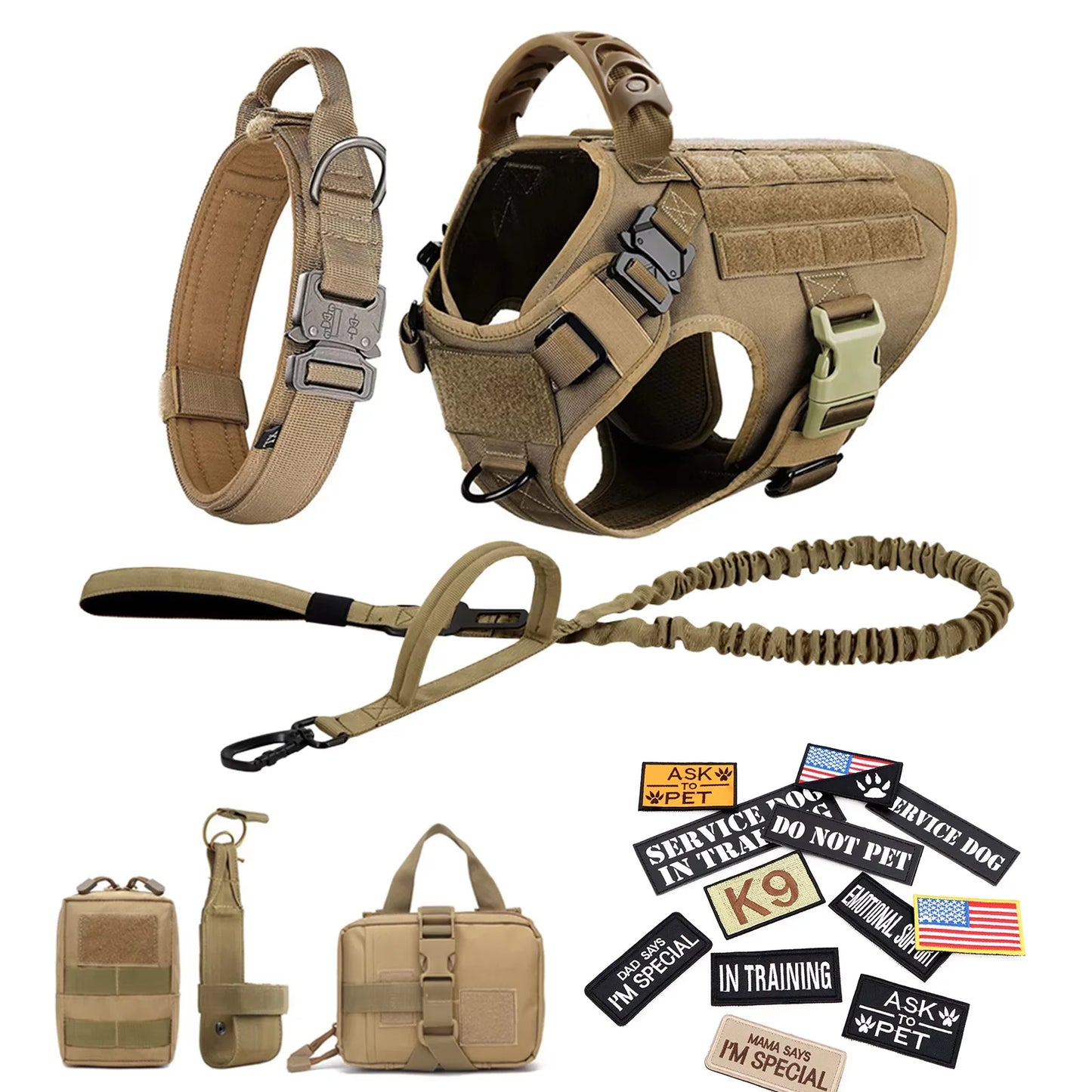 Military Tactical Malinois Harness Vest Set With Leash Patches - Paws and Pro's Outfitters