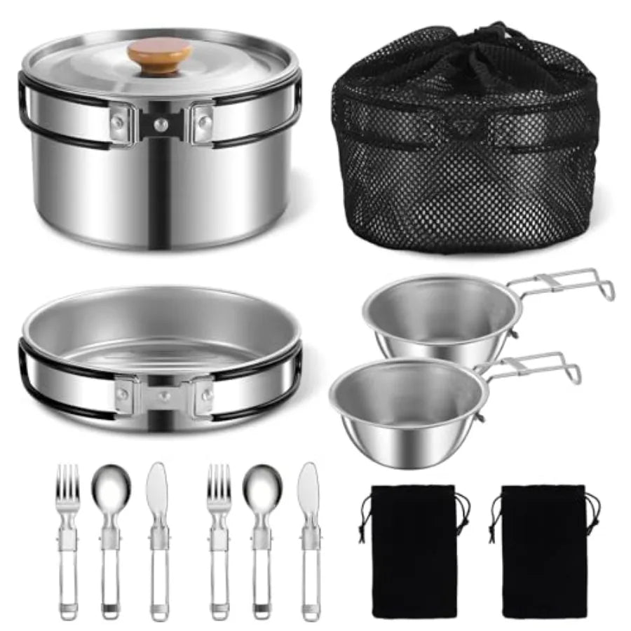 11 Piece Camping Cookware Set Stainless Steel Nonstick Pots Pans Bowls