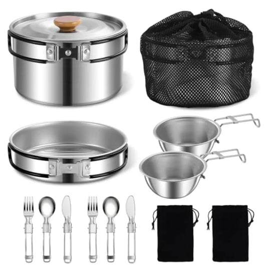 11 Piece Camping Cookware Set Stainless Steel Nonstick Pots Pans Bowls