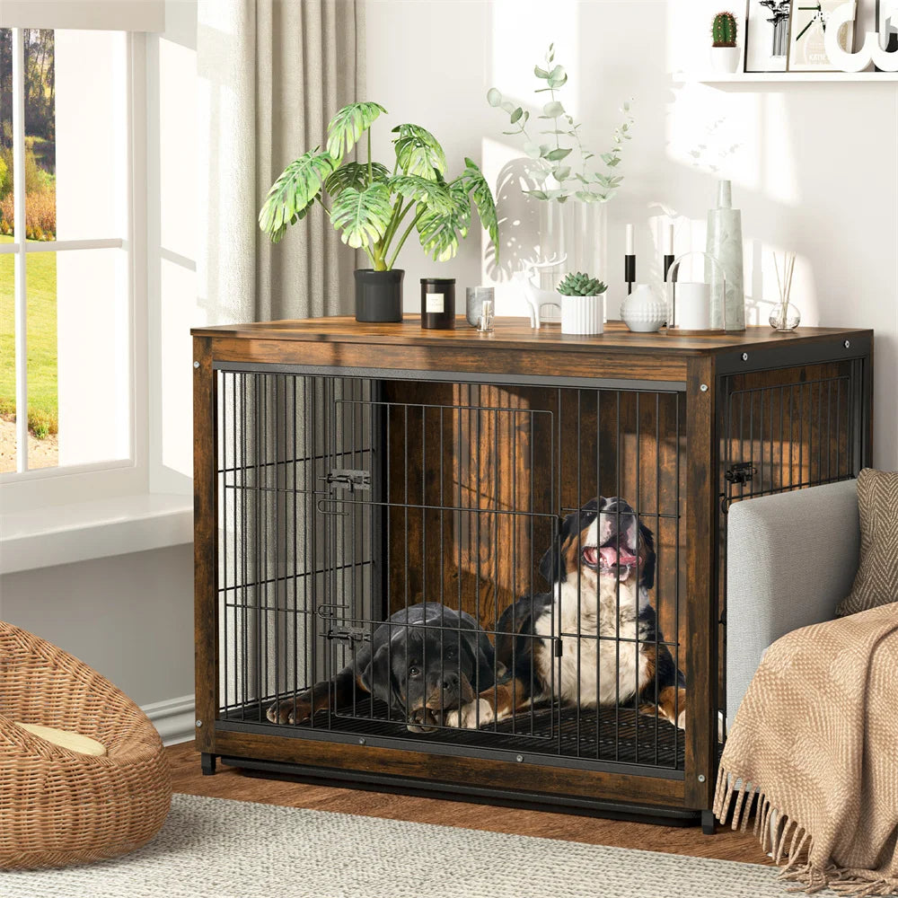 BORWART Elevated Wooden Dog Crate End Table With Double Door Removable Tray