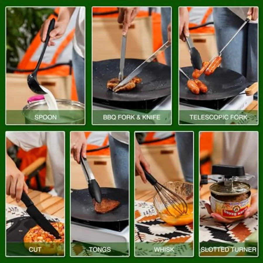 Camping Essentials Stainless Steel Cookware Utensils Set For Outdoors