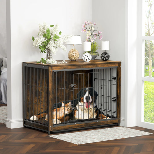 BINGOPAW Wooden Metal Dog Crate End Table With Two Doors