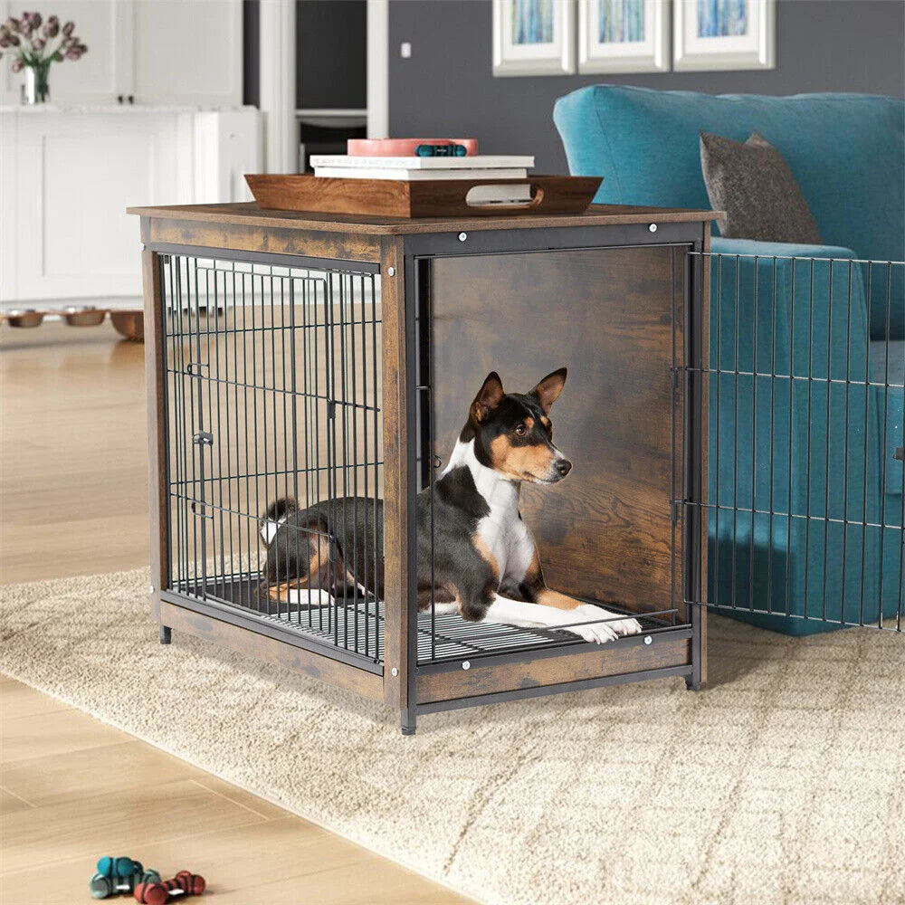 BORWART Elevated Wooden Dog Crate End Table With Double Door Removable Tray