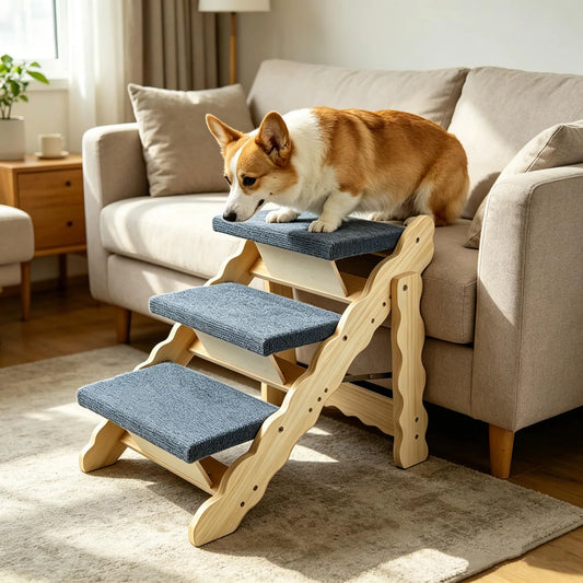 DishyKooker 2in1 Wooden Pet Stairs Folding Ramp For Dogs Cats