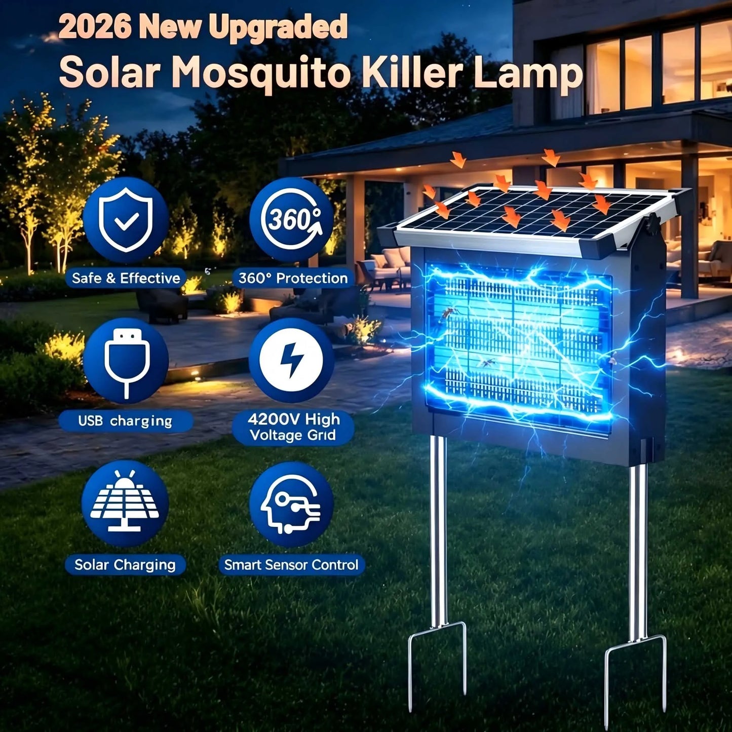 Solar Bug Zapper 4500V Outdoor Mosquito Zapper Waterproof Garden