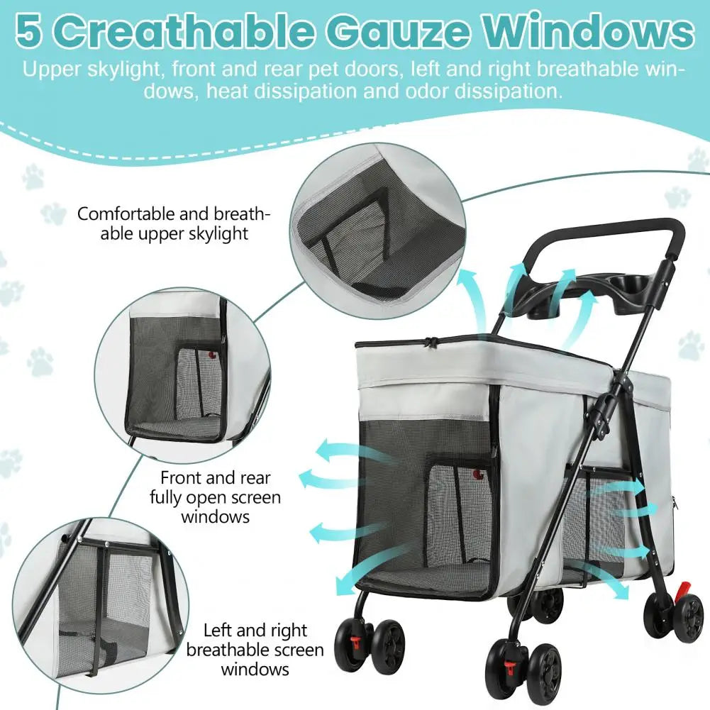 Foldable Dog Stroller With 360 Degree Wheels Five Ventilation Windows