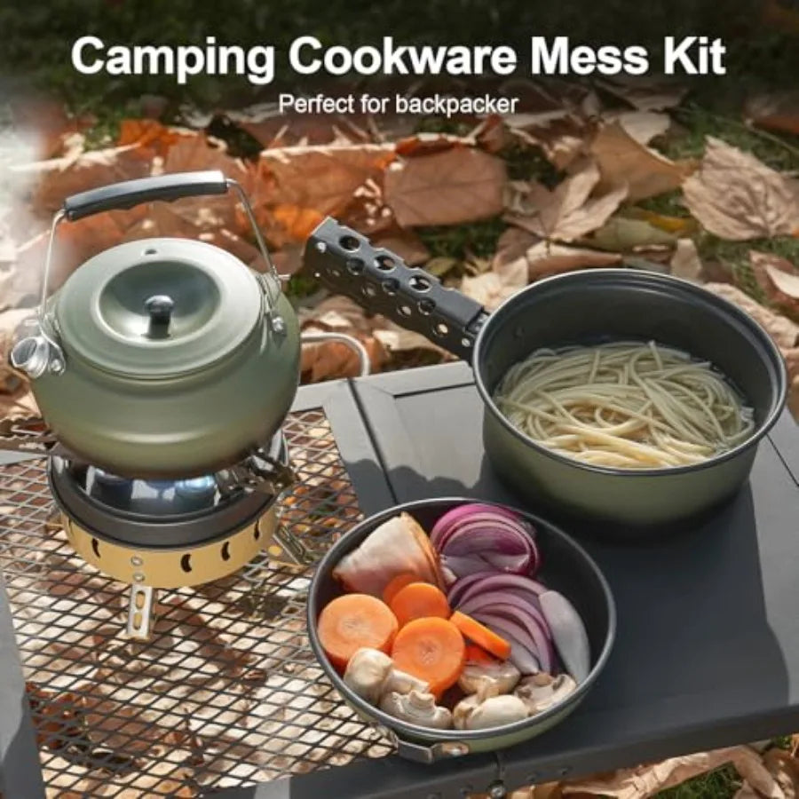 5 Piece Camping Cookware Set Nonstick Pot Pan With Kettle
