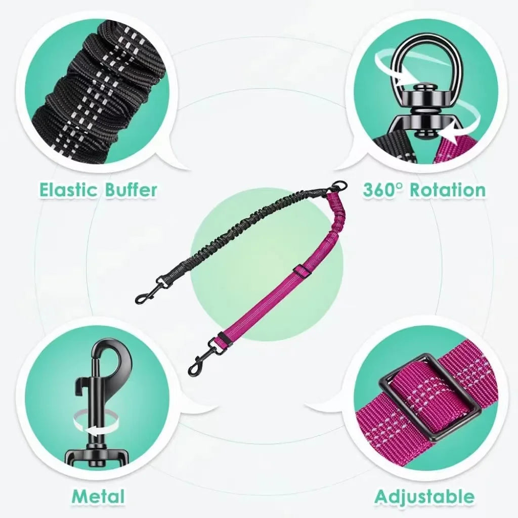 Double Dog Leash Attachment Shock Absorbing Bungee