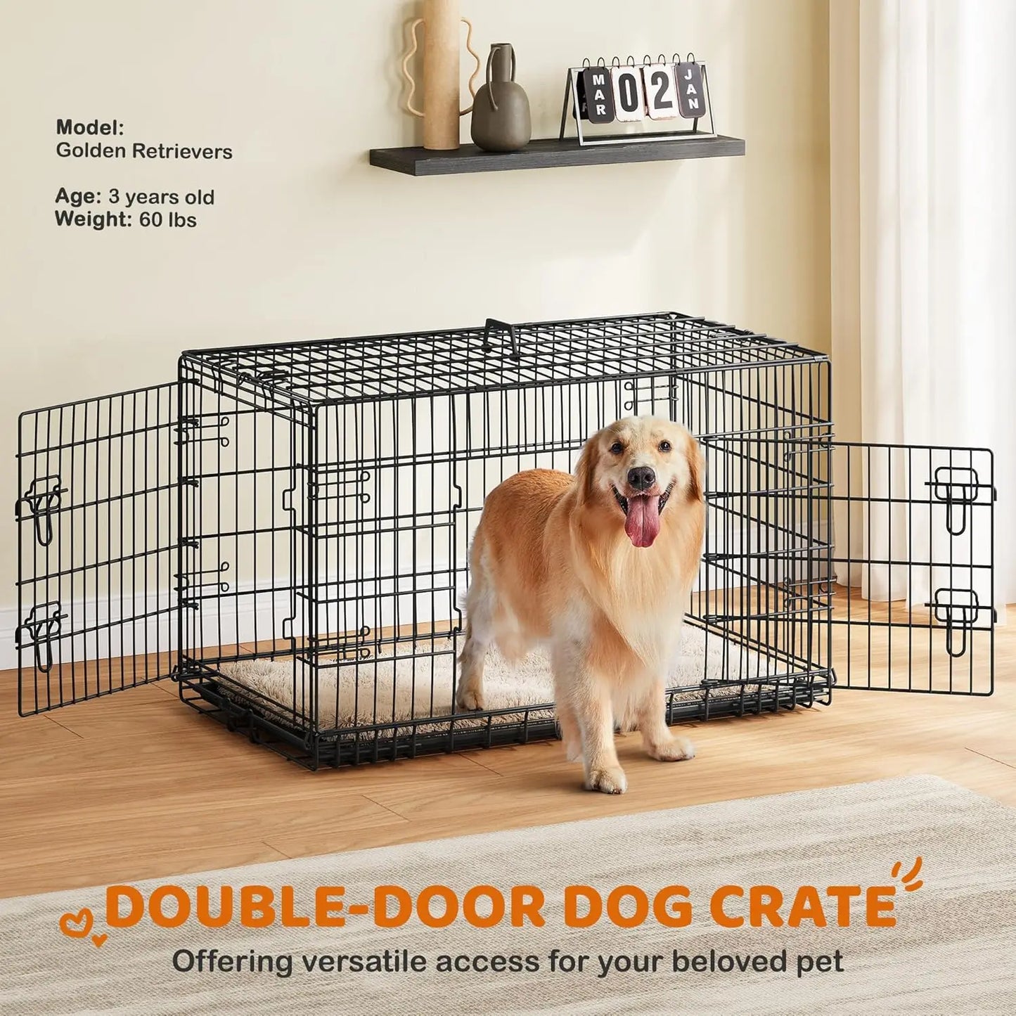 Double Door Dog Crate With Divider, Collapsible Metal Kennel