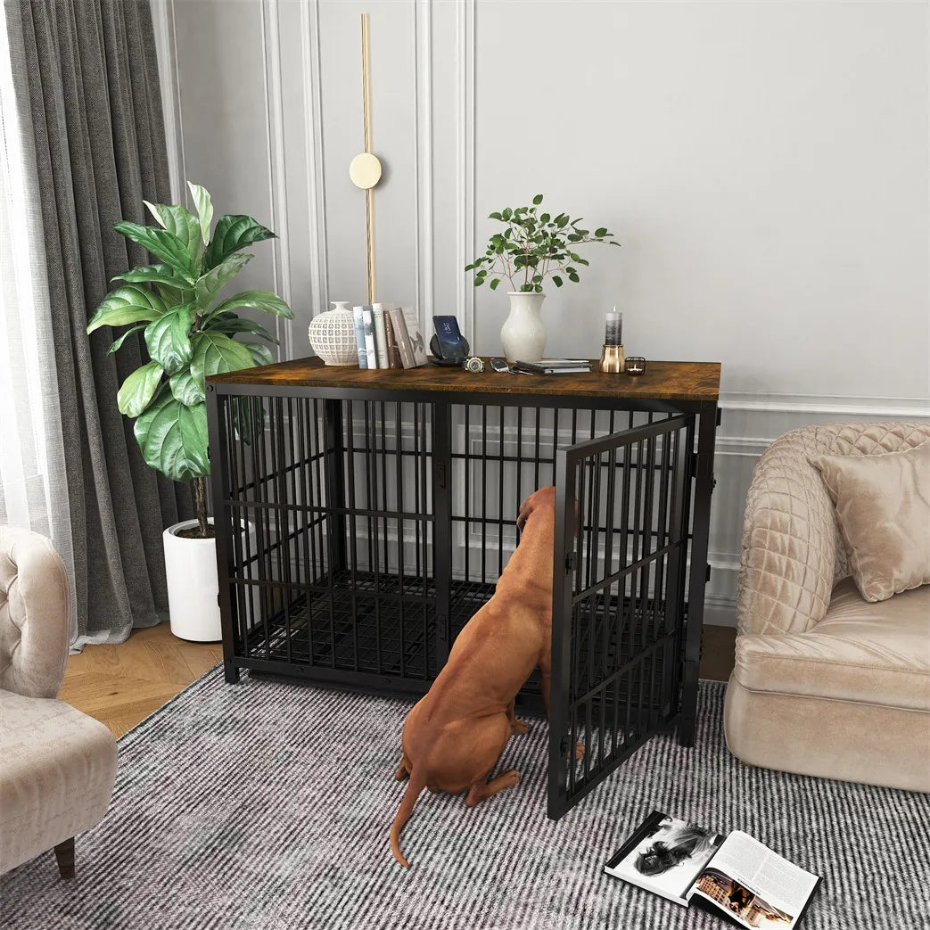 BORWART Wooden Dog Crate Indoor Elevated Kennel End Table With 3 Doors