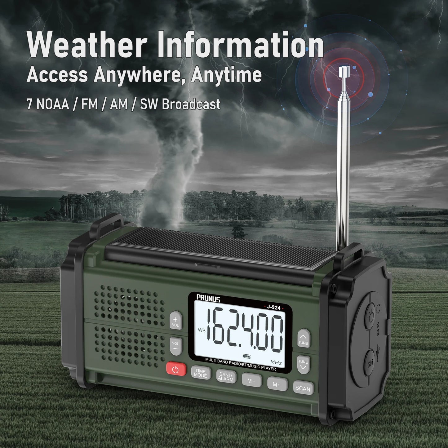 PRUNUS 924 Hand Crank Radio 10000mAh Solar NOAA AM FM SW Power Bank
