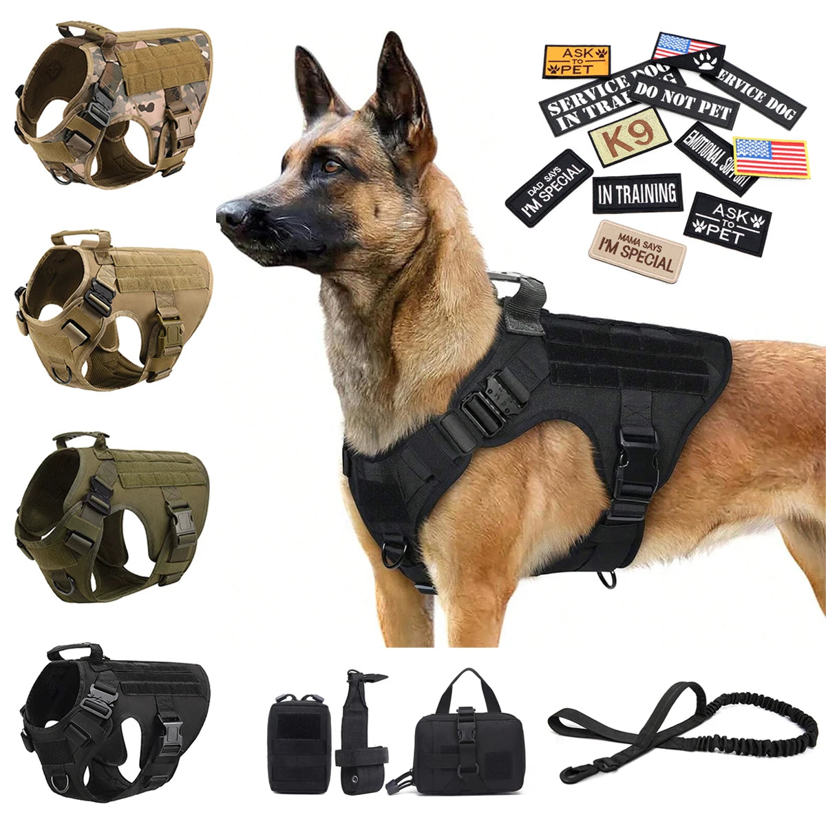 PETRAVEL Military Malinois Dog Harness Vest Set With Leash Patches