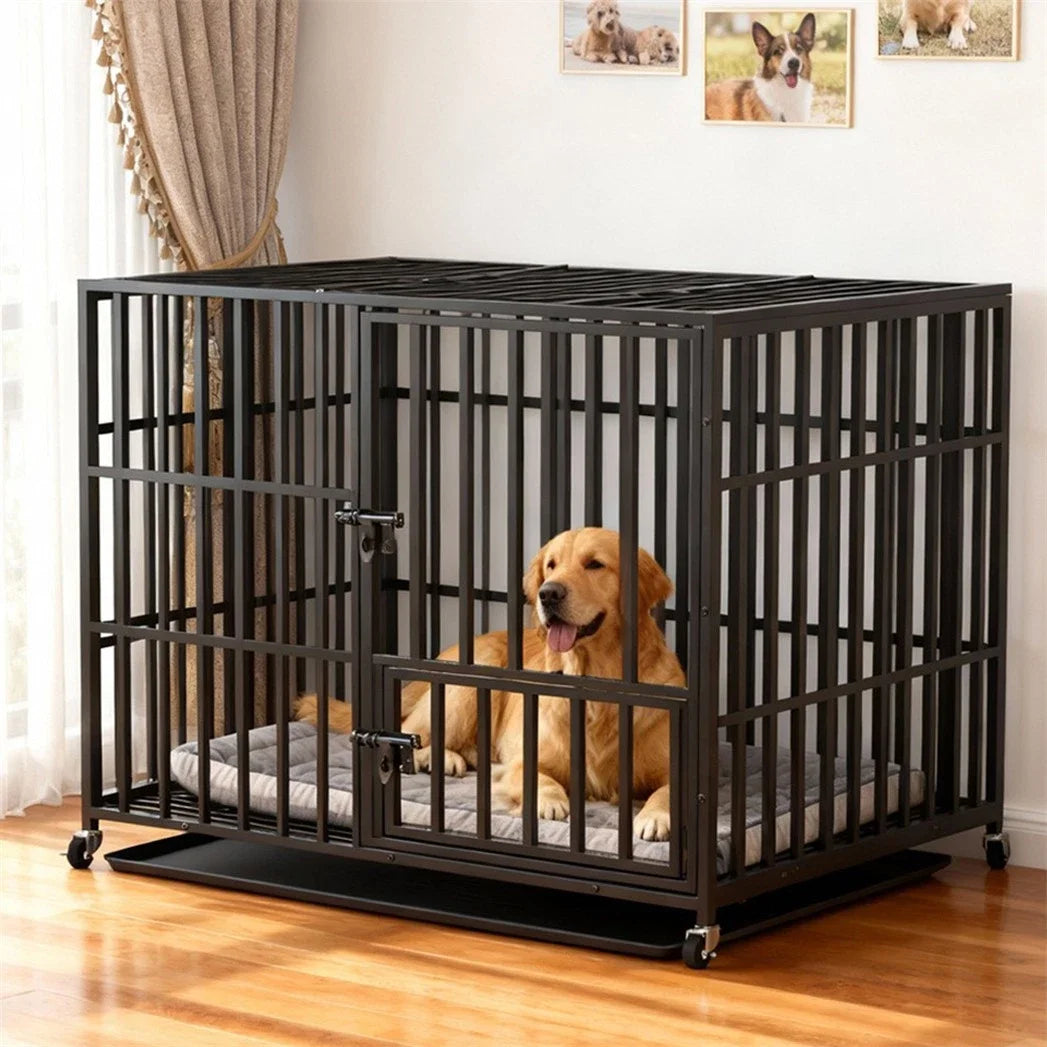 BINGOPAW Heavy Duty Metal Dog Crate With 3 Doors Wheels