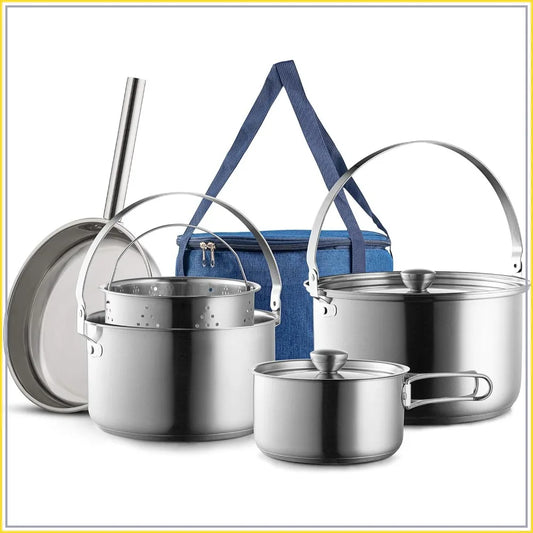 304 Stainless Steel 8 Piece Camping Cookware Set Frying Pan