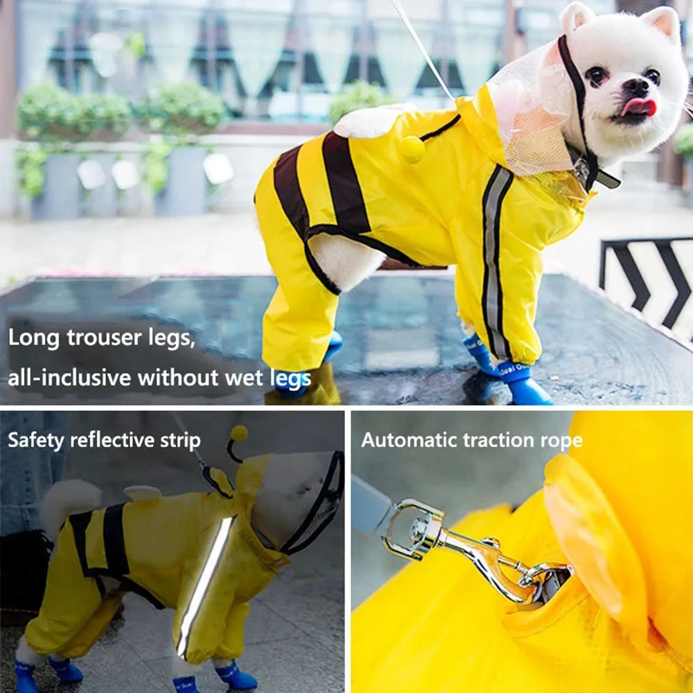 Cute Bear Shape Dog Raincoat With Hat And Reflective Strips