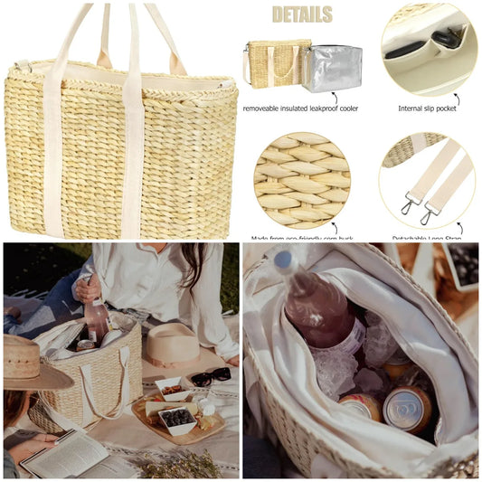 Insulated Beach Cooler Bag, Leak Proof, Premium Quality Corn Husk, Beach Bag, Pool Bag, Tote Bag