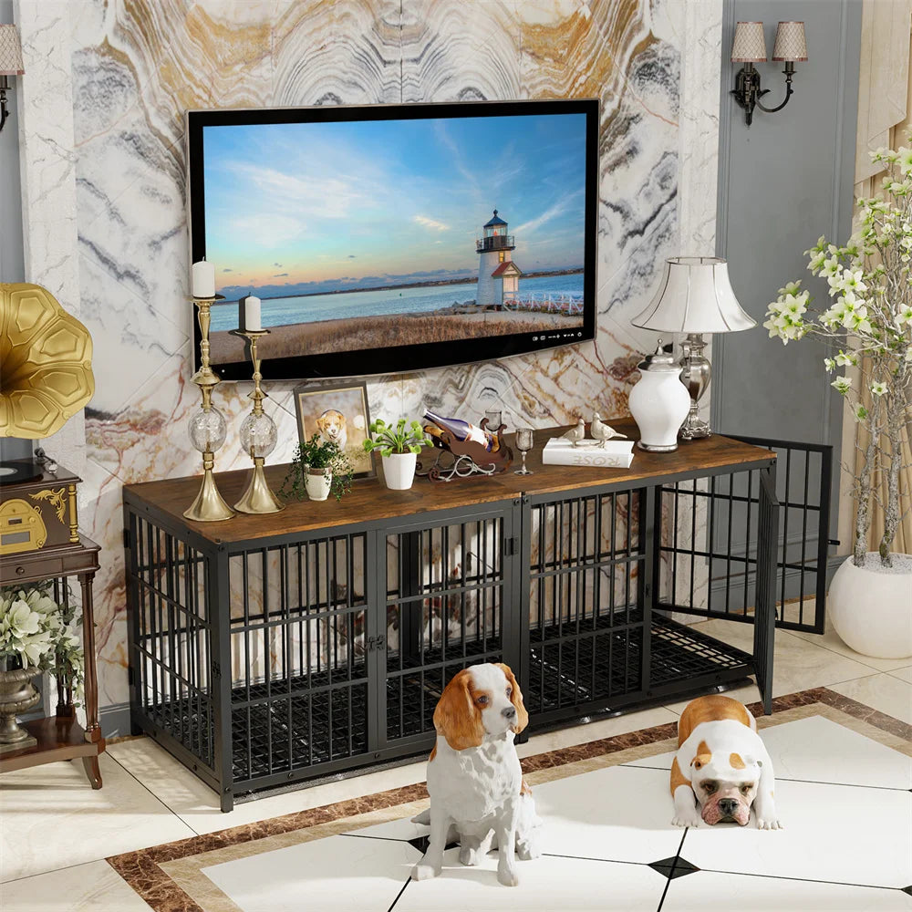 BORWART Wooden Dog Crate Indoor Elevated Kennel End Table With 3 Doors