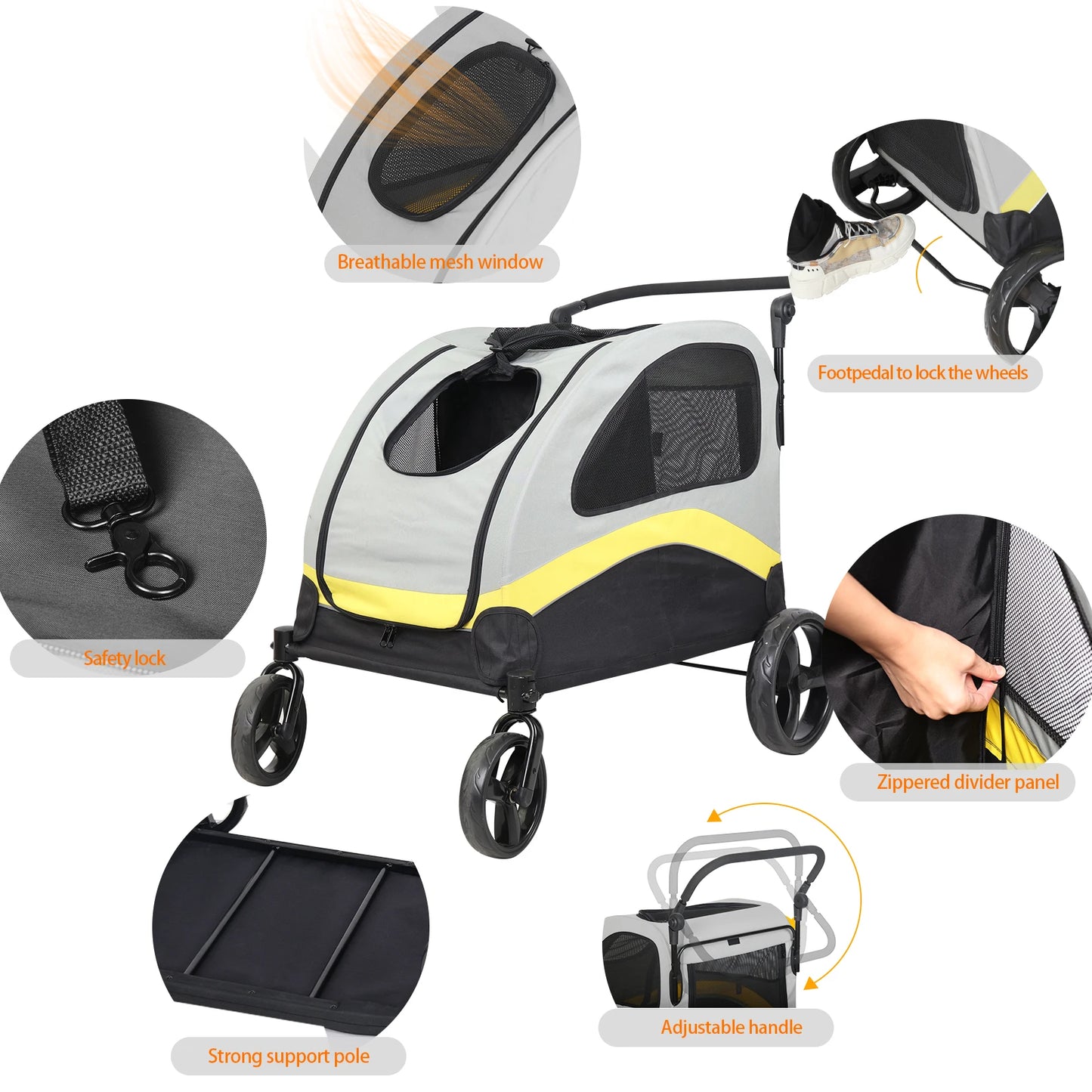 Dog Stroller For Two With Zipper Divider And Folding Wheels