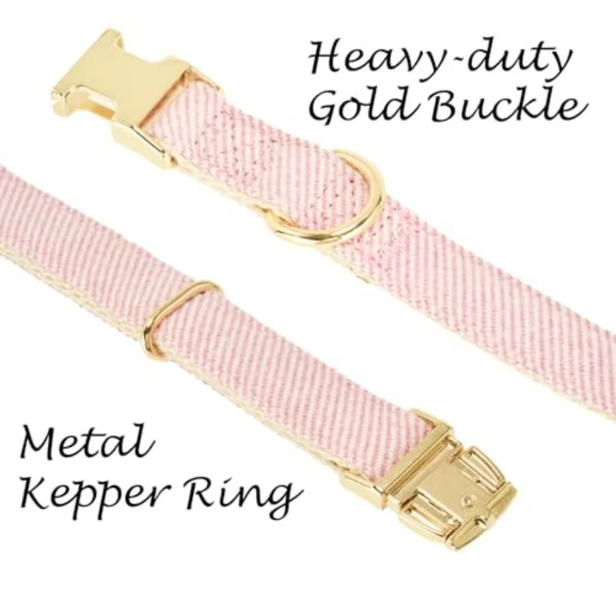 Soft Cotton Tweed Dog Collar And Leash Set Gold Buckle