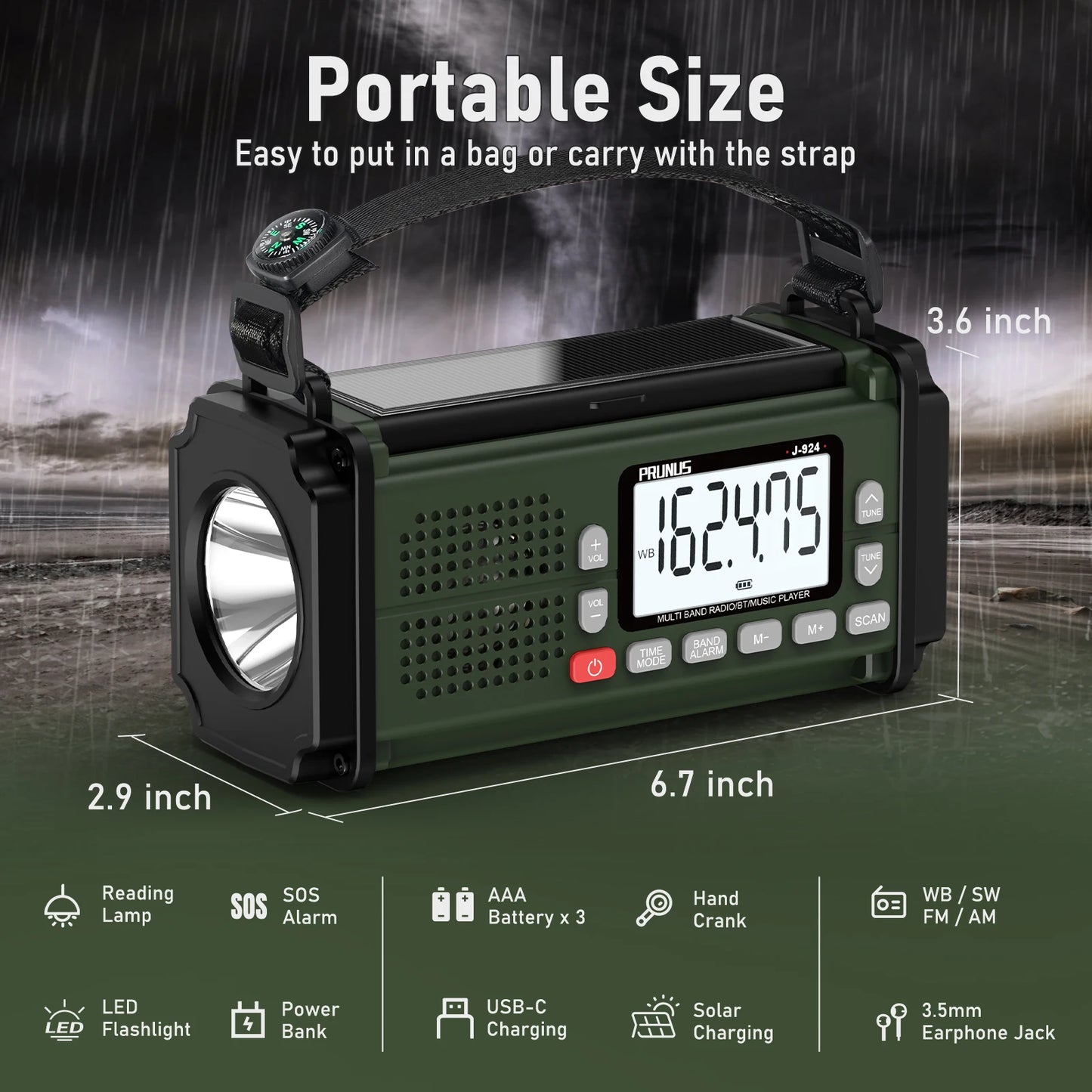 PRUNUS 924 Hand Crank Radio 10000mAh Solar NOAA AM FM SW Power Bank
