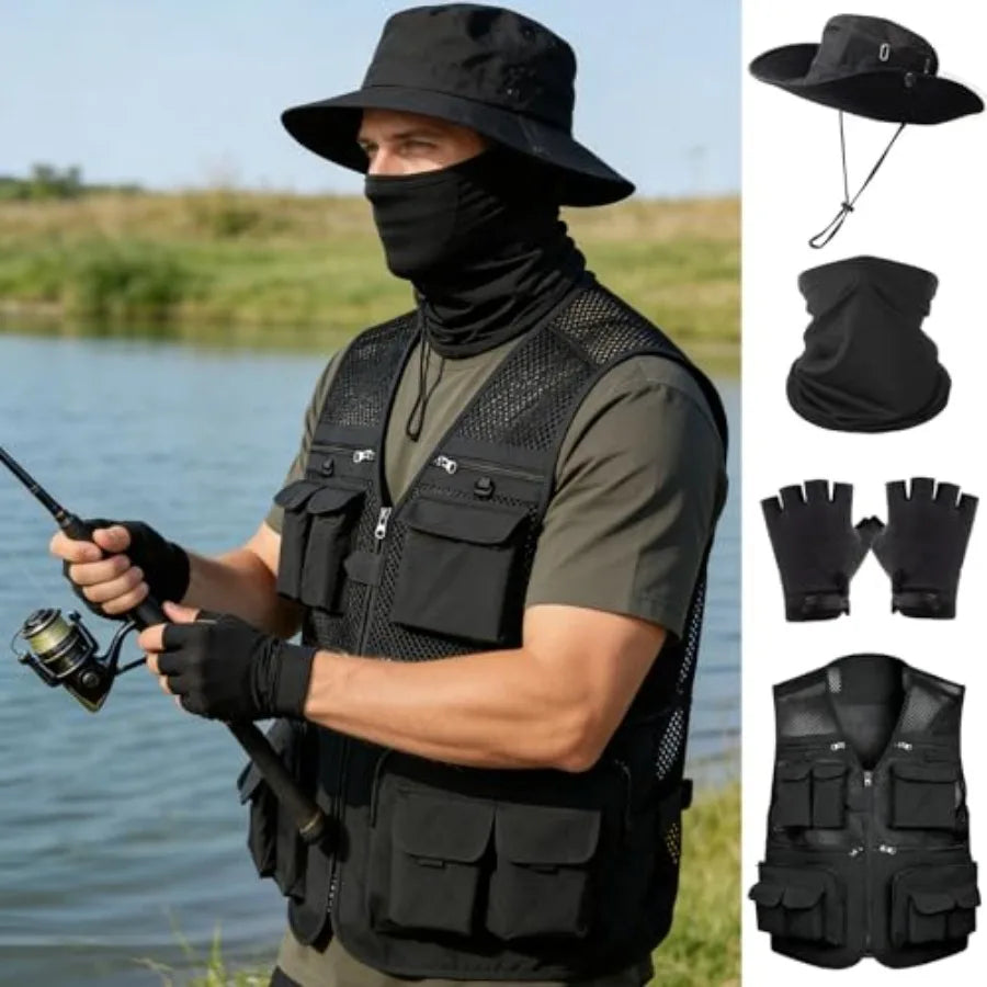 HUNTURE Fishing Vest With Hat Gloves Neck Gaiter For Men