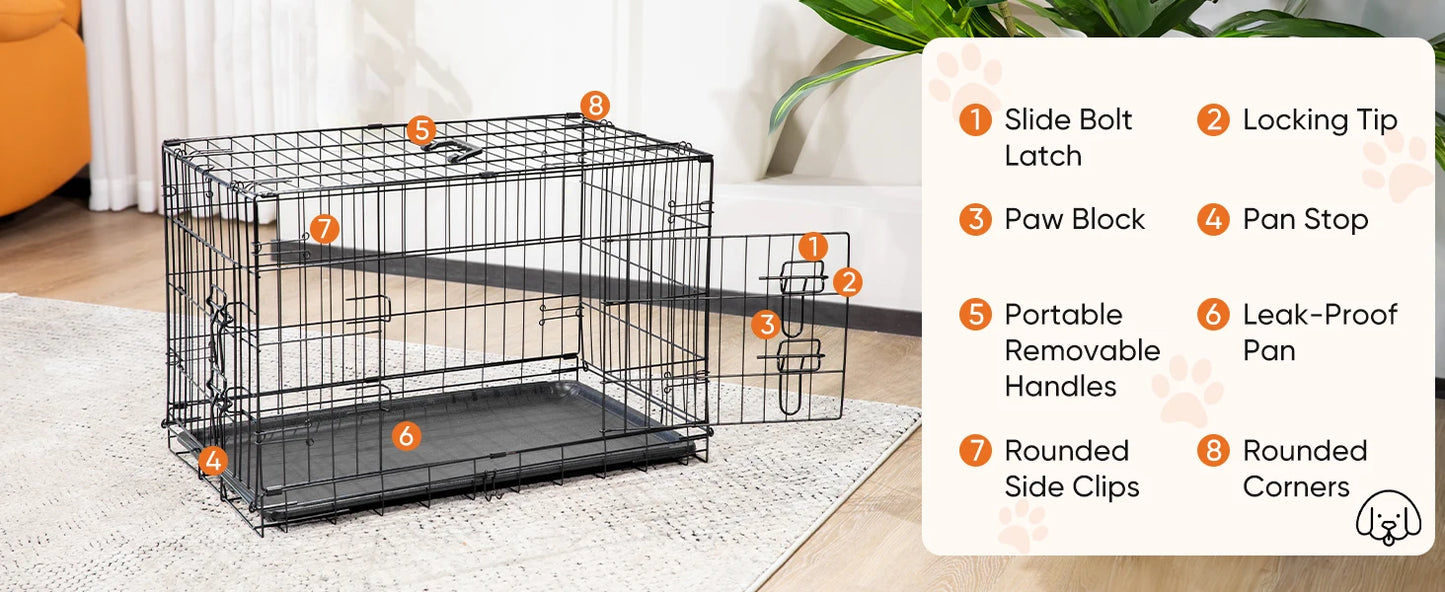 JHK Folding Metal Dog Cage With Leak Proof Pan Tray