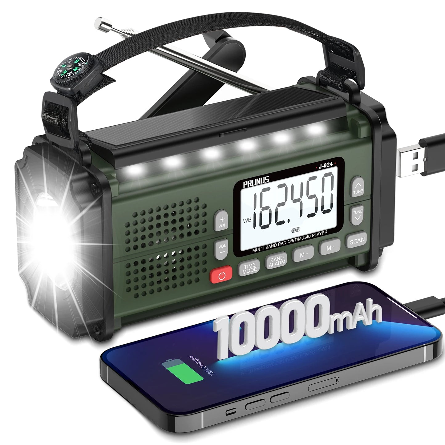 PRUNUS 924 Hand Crank Radio 10000mAh Solar NOAA AM FM SW Power Bank
