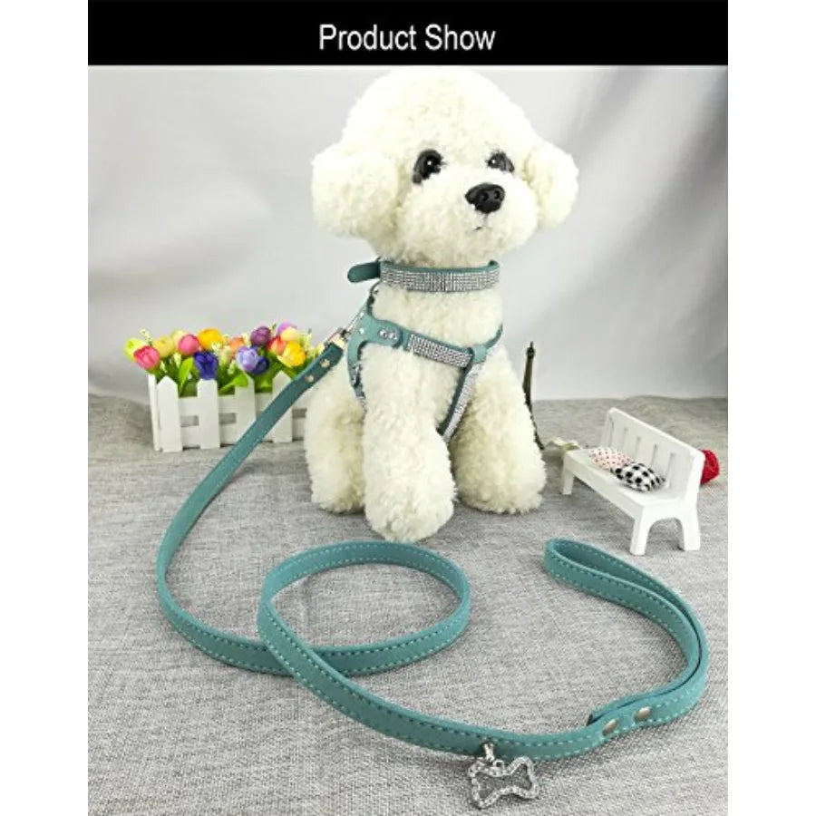 Dog Collar Harness And Leash Set Diamante Fashion Soft Comfort
