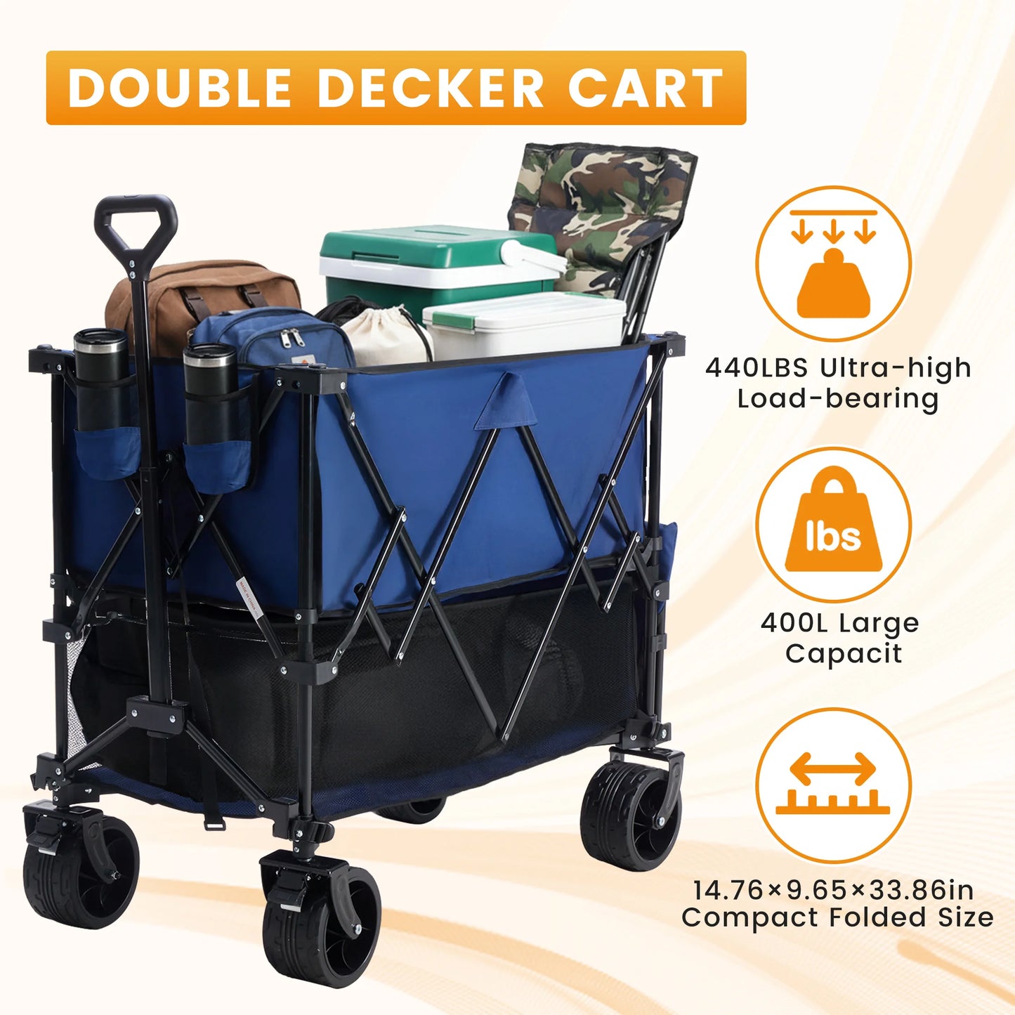 JHK Outdoor Double Decker Wagons Cart Large Capacity Collapsible