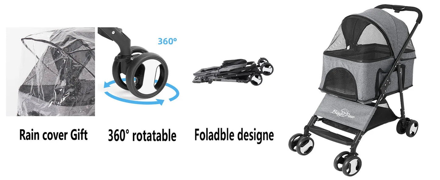 Foldable Pet Dog Stroller Carrier With 4 Wheels Rain Cover