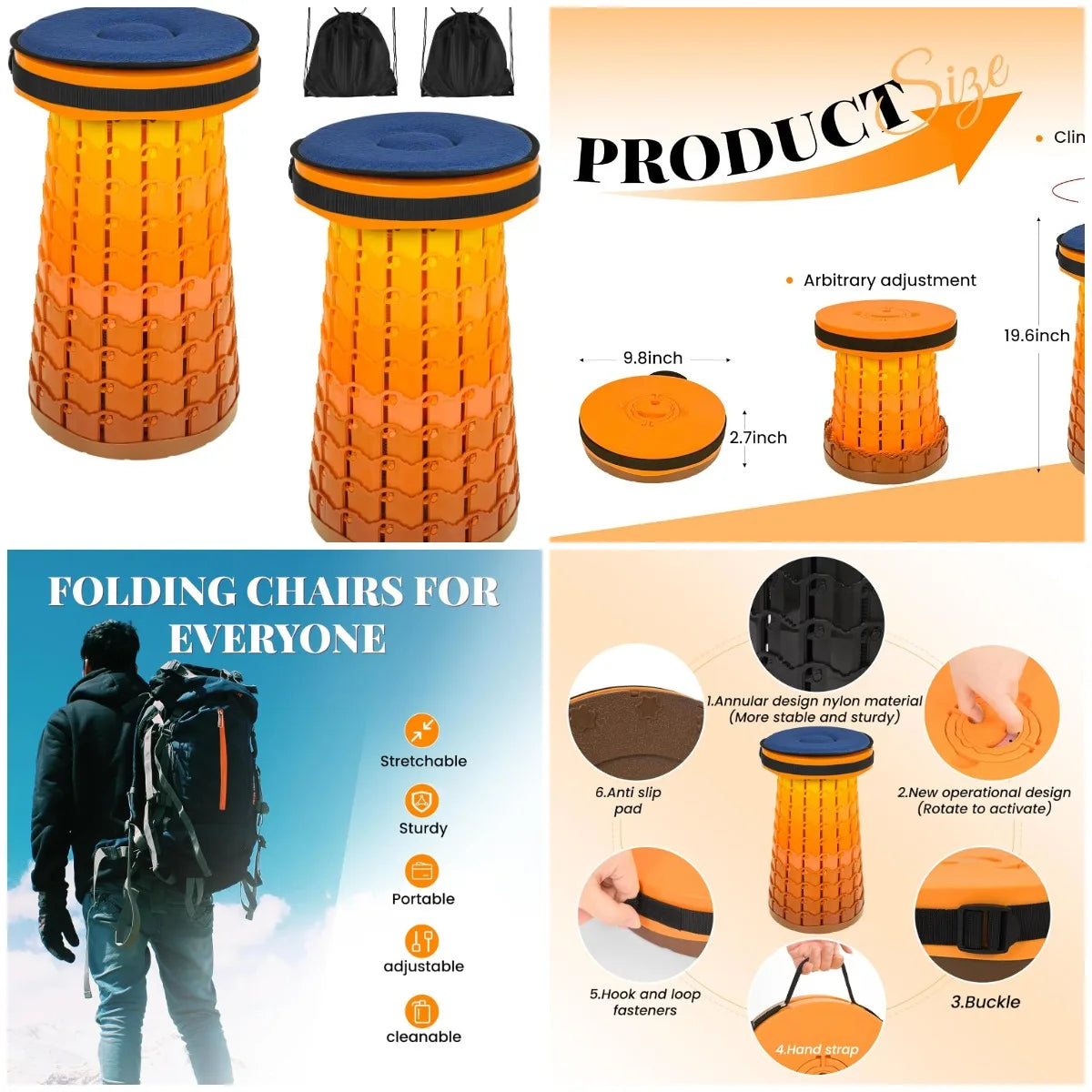 YTYIN Two Pack Portable Folding Stool With Cushion Telescoping